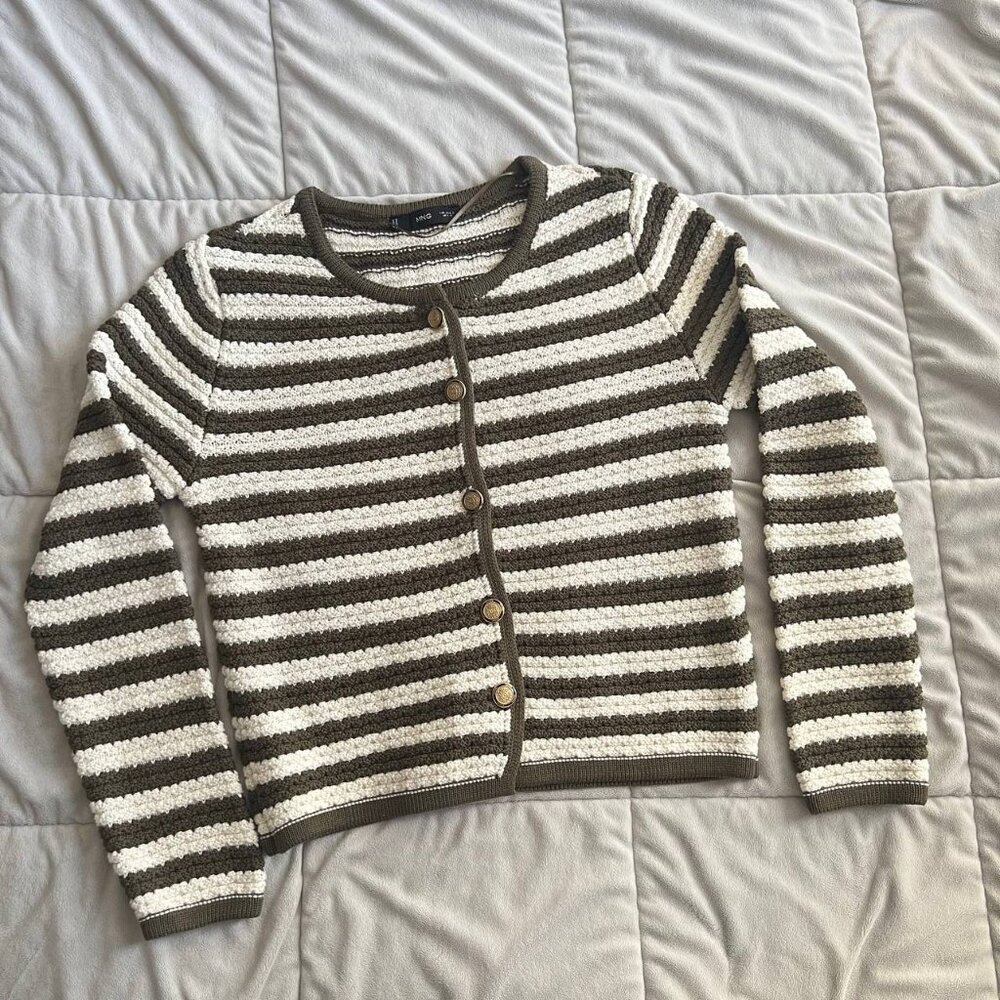 $70 MANGO knit cardigan women's striped button jacket size LARGE